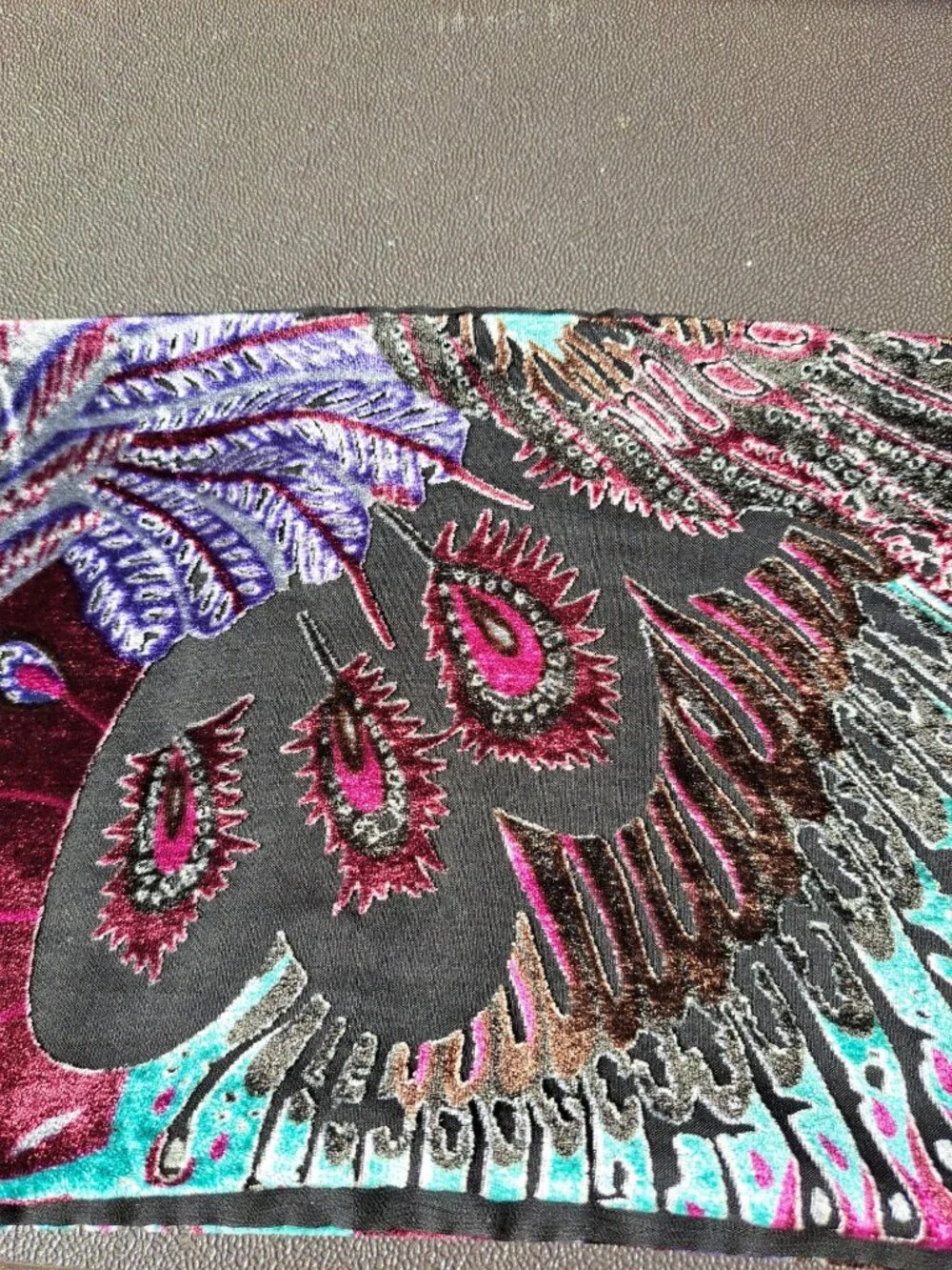 Velvet Burnout Peacock Feather Patterned Scarf Vibrant 72